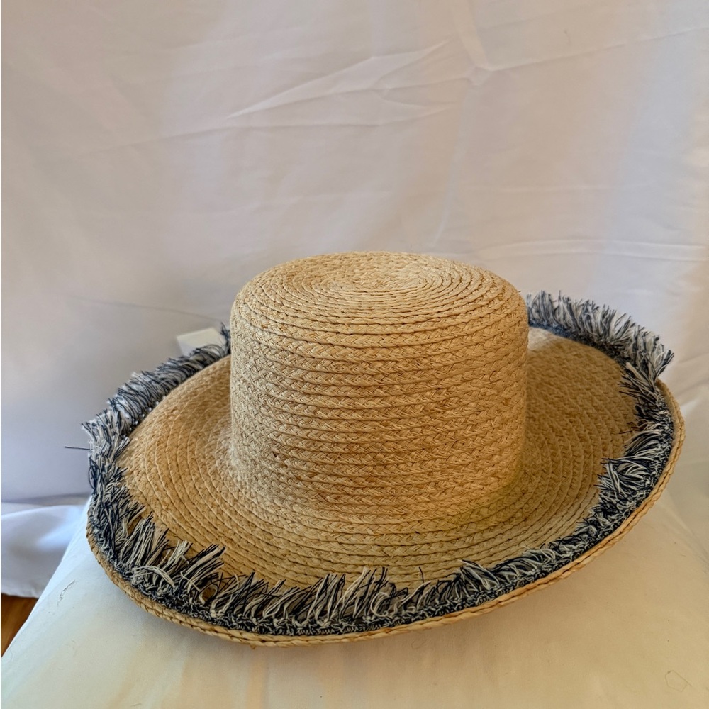 Blue and White Fringe Straw Hat